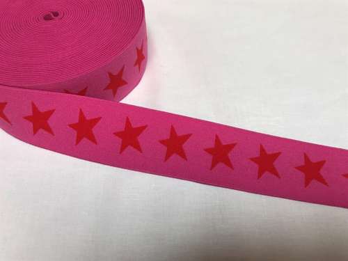 Elastik til boxershorts - 4 cm i mørk pink med røde stjerner 