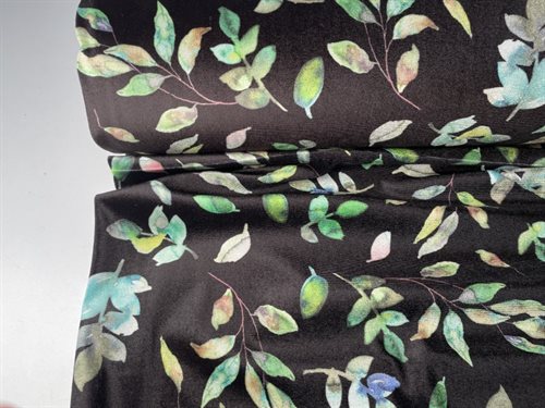 Silke look velour - print med grønne blade på sort bund