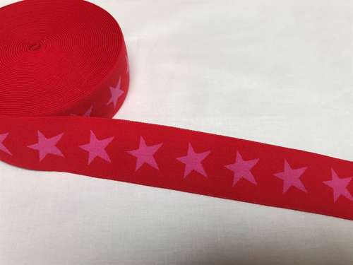 Elastik til boxershorts -  4 cm  i rød med pink stjerner