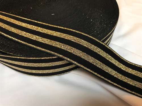 Blød elastik - velegnet til undertøj, 4 cm i stribet sort med guldglimmer