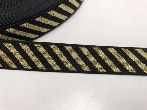Blød elastik - velegnet til undertøj, 2,5 cm i stribet sort med guldglimmer