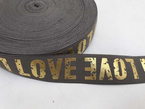 Blød elastik - velegnet til undertøj, 4 cm - med guld LOVE tekst, grå 