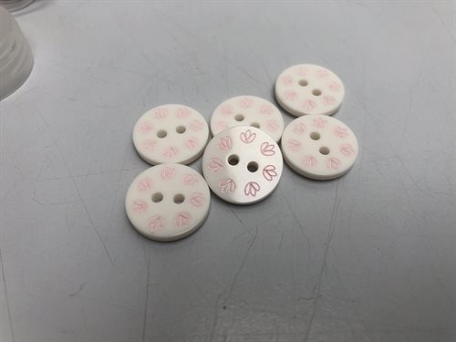 Knap - offwhite og med lyserødt blomstertryk, 15 mm (Pakke med 10 stk)