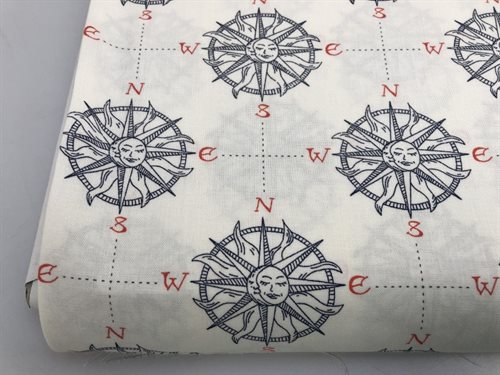 Patchwork stof - Katoen & steel compass, hvid med marine