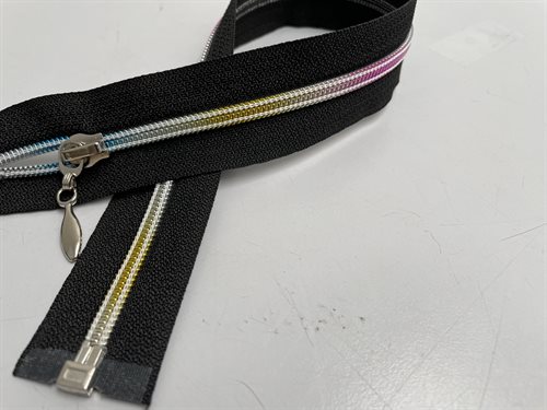 Spiral lynlås i sort - delbar og med multifarvede tænder, 55 cm