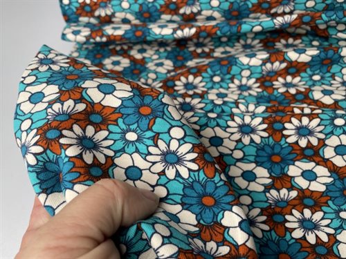 Bomuldsjersey - med fede blålige retro blomster, rest på 160 cm