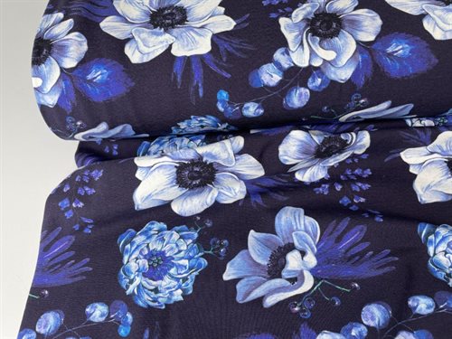 Bomuldsjersey - med de smukkeste blålige blomster