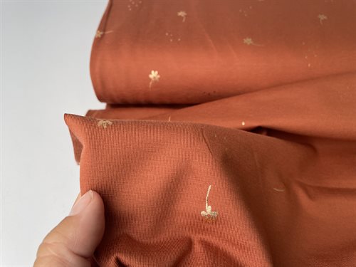 Bomuldsjersey - cognac med rose gold folie blomst