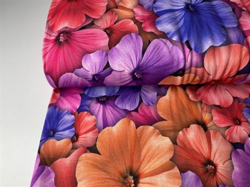 Bomuldsjersey - store yndige blomster i drønflotte farver