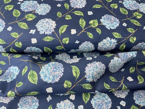 Patchwork stof - Windham Fabrics, små hortensia på navy bund