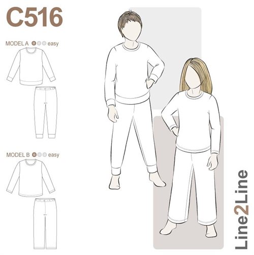Line2Line snitmønster - C516 Natsæt med eller uden ribkanter - Børn