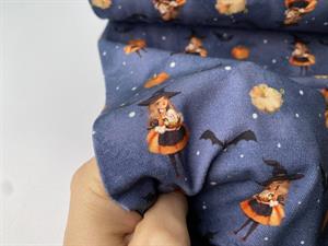 Bomuldsjersey - cute halloween på blå bund