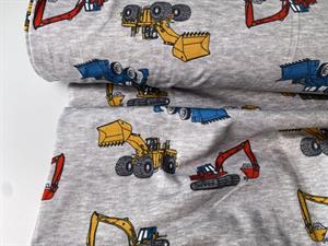 Bomuldsjersey - fine gravemaskiner på gråmeleret bund