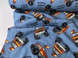 Bomuldsjersey - seje monstertrucks på blå bund