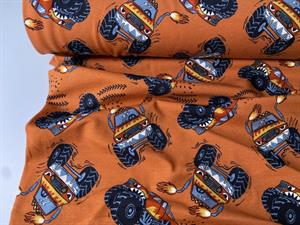 Bomuldsjersey - seje monstertrucks på rustrød bund