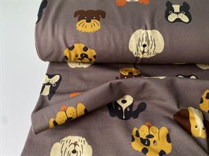 Bomuldsjersey - nuttede hunde på gråbrun bund