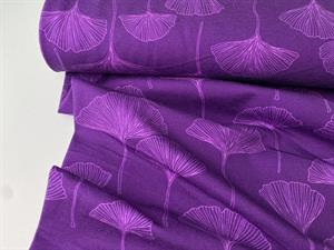 Bomuldsjersey - smukke biloba blade på lilla bund