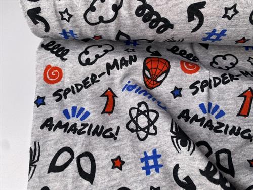 Bomuldsjersey - cool Spiderman og skrift på gråmeleret bund