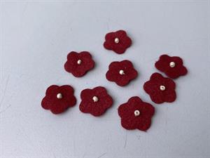 Blomst - rødt ruskinds look med perle, 8 stk.
