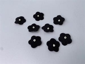 Blomst - sort ruskinds look med perle, 8 stk.