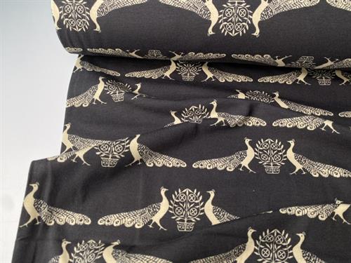 Bomuldsjersey - smukke påfugle på gråsort bund