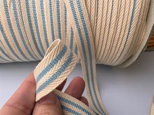 Bændelbånd - sildebensvævet og stribet ecru / blå, 15 mm