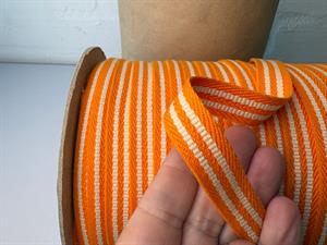 Bændelbånd - sildebensvævet og stribet ecru / orange, 15 mm