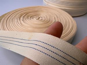 Bændelbånd - hel rulle lærredsvævet ecru / blå, 25 mm, 50 m