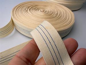 Bændelbånd - lærredsvævet og stribet ecru / blå, 25 mm