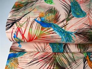 Bomuldsjersey - rosa bund med påfugle på