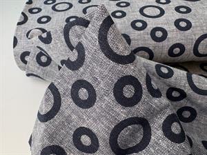 Vævet hør/bomuld - smukke grafiske cirkler i marine 