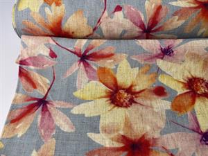 Vævet hør/viscose - smukke blomster i rustikt look