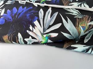 Bomuldsjersey - sort med blå kolibri og blade