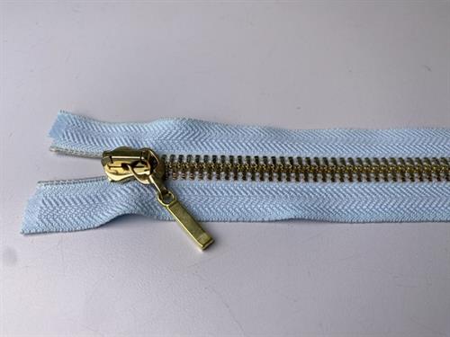 Lynlås - 2-vejs, lyseblå med guld metaltænder, 42 cm