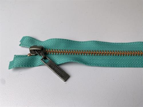 Lynlås - 2-vejs, turkisblå med rosegold metaltænder, 33 cm