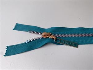 Lynlås - delbar, petroleumsblå med rose metaltænder, 22 cm