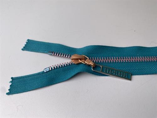 Lynlås - delbar, petroleumsblå med rose metaltænder, 22 cm