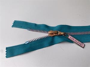 Lynlås - delbar, petroleumsblå med rose metaltænder, 24 cm