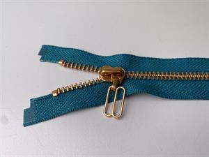 Lynlås - 2-vejs, petroleumsblå med rose gold metaltænder, 29 cm