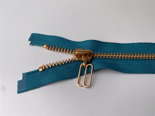 Lynlås - 2-vejs, petroleumsblå med rose gold metaltænder, 29 cm