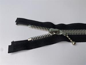 Lynlås - 2-vejs, sort med grove sølv metaltænder, 42 cm