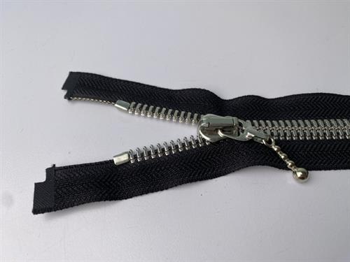 Lynlås - 2-vejs, sort med grove sølv tænder, 42 cm