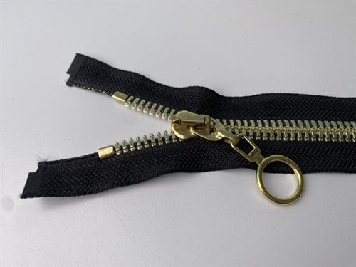 Lynlås - 2-vejs, sort med grove guld tænder, 42 cm