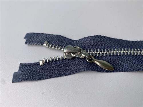 Lynlås - 2-vejs, stålblå med sølv metaltænder, 35 cm