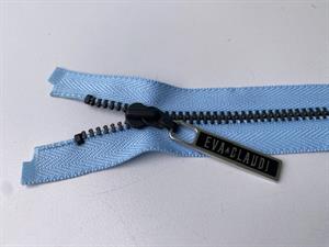 Lynlås - 2-vejs, lyseblå med sorte metaltænder, 50 cm