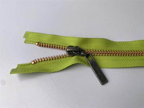 Lynlås - 2-vejs, æblegrøn med rose gold metaltænder, 34 cm