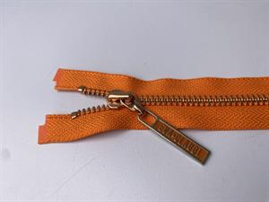 Lynlås - 2-vejs, orange med rose gold metaltænder, 34 cm