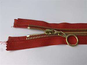 Lynlås - 2-vejs, mørk rød med grove guld metaltænder, 50 cm