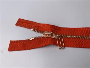Lynlås - 2-vejs, orangerød med rose gold metaltænder, 42 cm