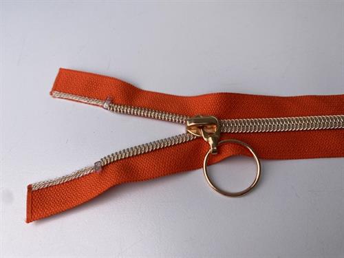 Lynlås - 2-vejs, orangerød med rose gold plasttænder, 42 cm